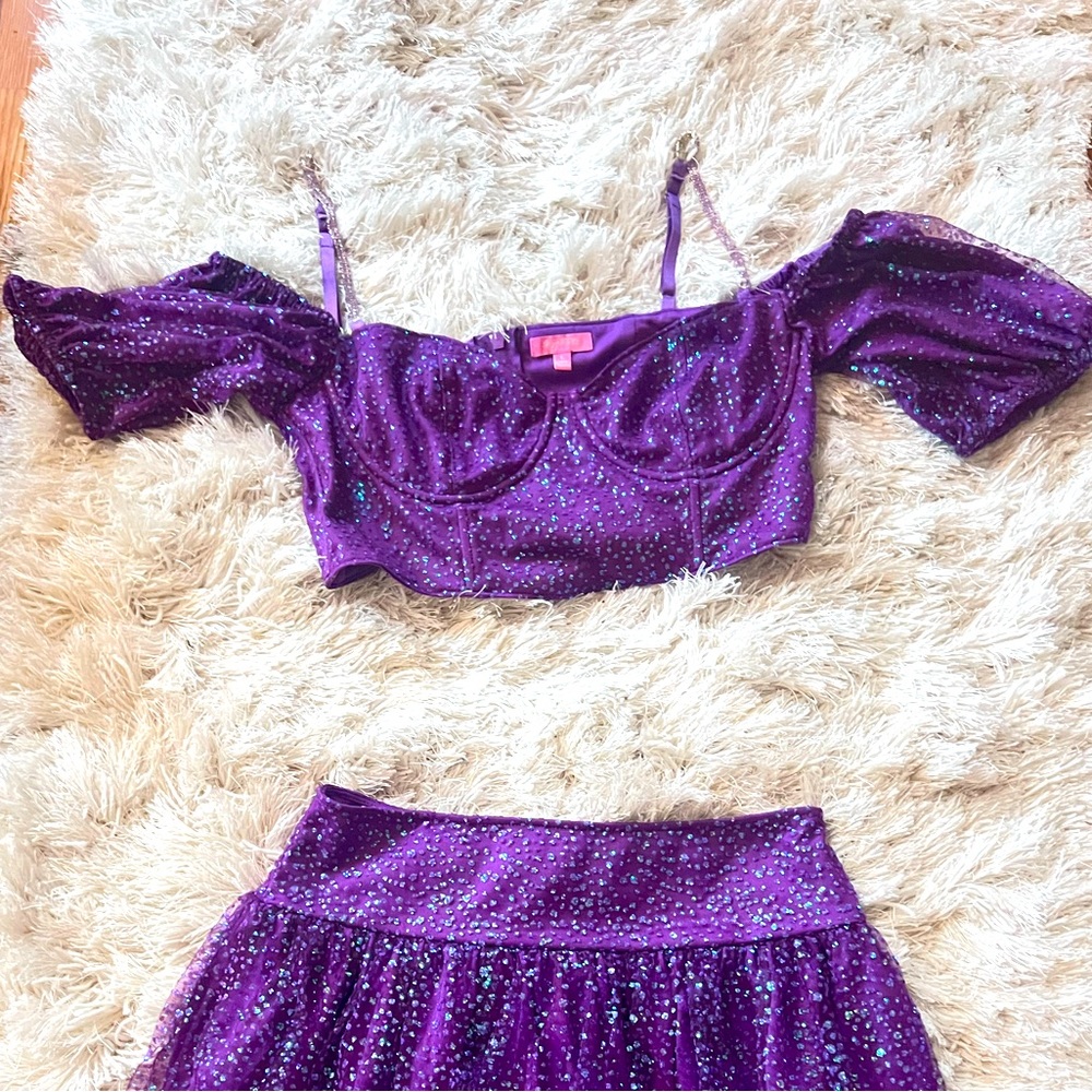 Dolls Kill Sugar Thrillz Sparkly Puff Sleeve crop top w/ rhinestone sleeves